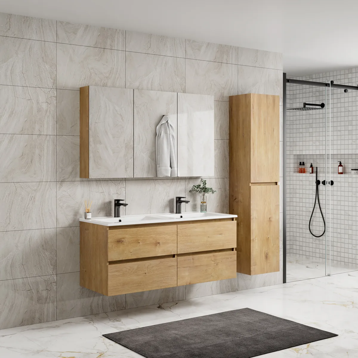 Roma Modern Wall Mounted Bathroom Vanity Cabinet with Double Basin