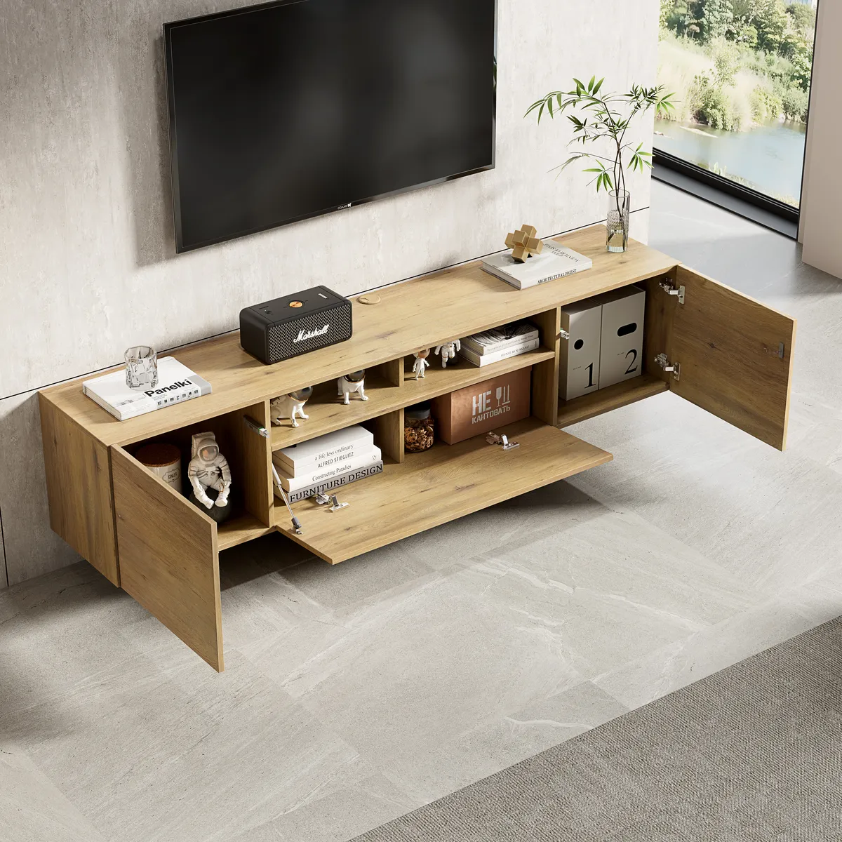 Riva Contemporary Floating Wood-Grain TV Cabinet with Open & Closed Storage - gallery view 2
