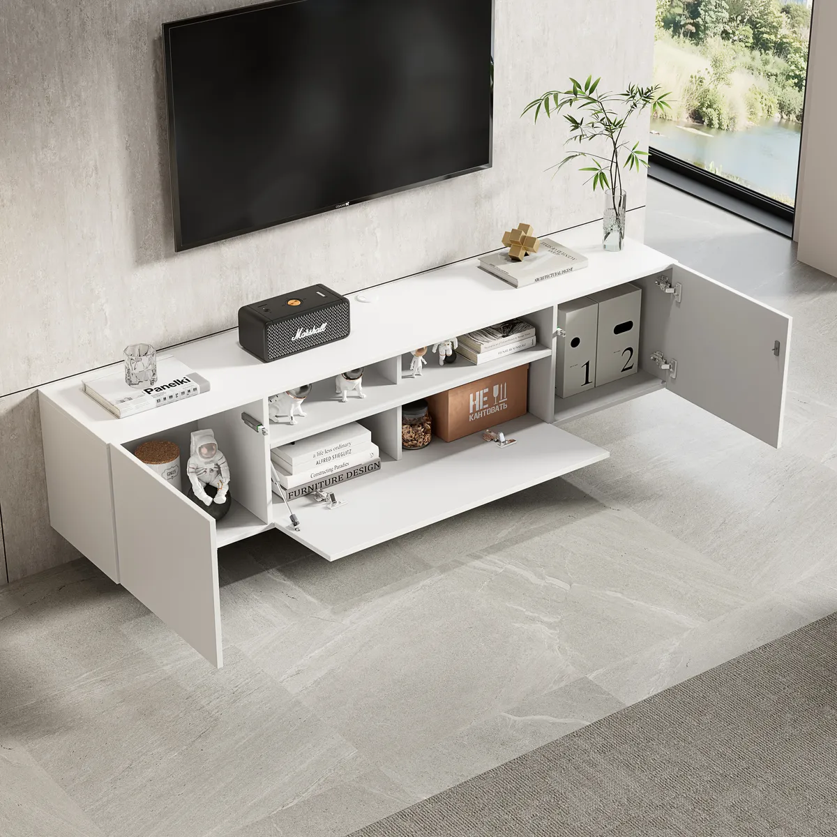 Riva Contemporary Floating Matt White TV Cabinet with Open & Closed Storage - gallery view 2