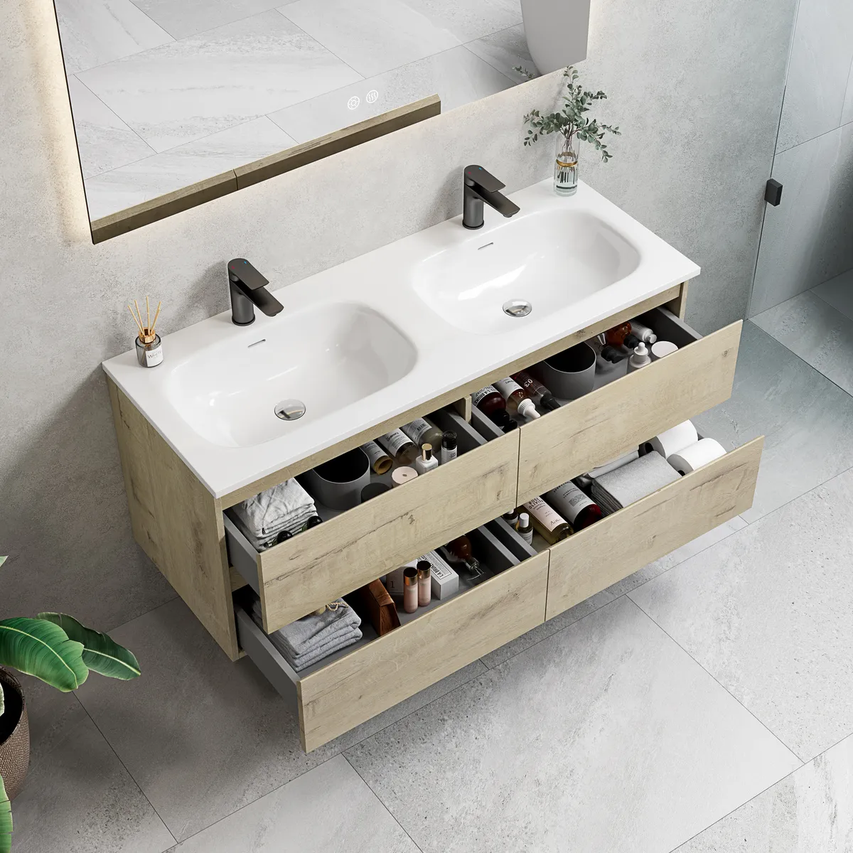 Roma Timeless Floating Oak Bathroom Vanity Cabinet with Double Basin - gallery view 1