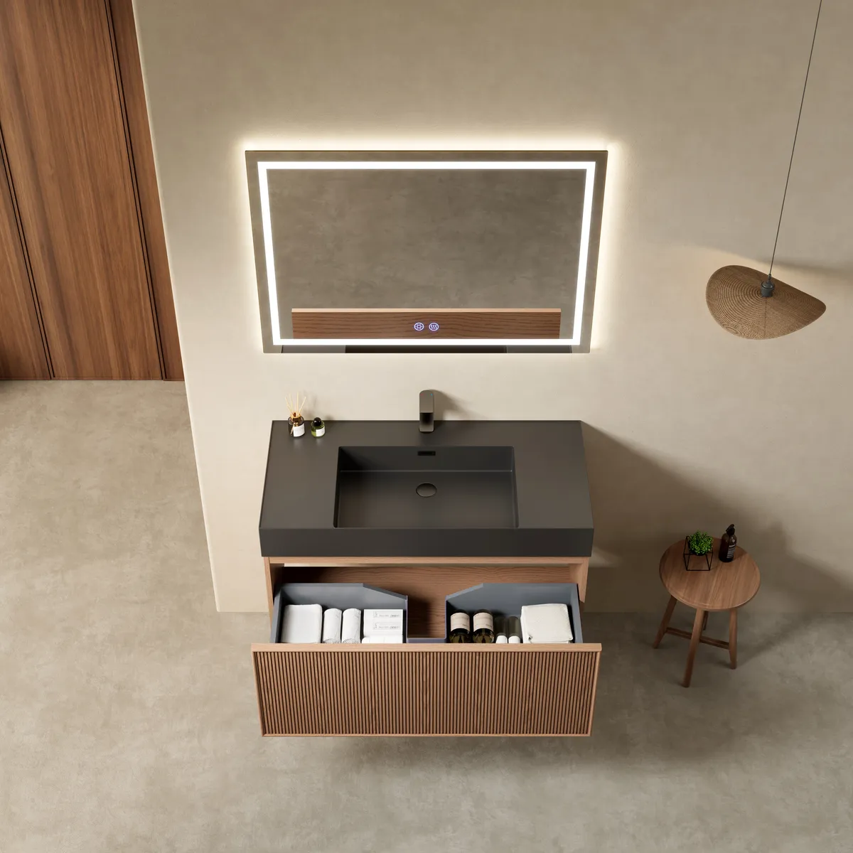 Vilan Vertical Fluted Floating Vanity with Matte Black Basin - Warm Walnut - gallery view 1