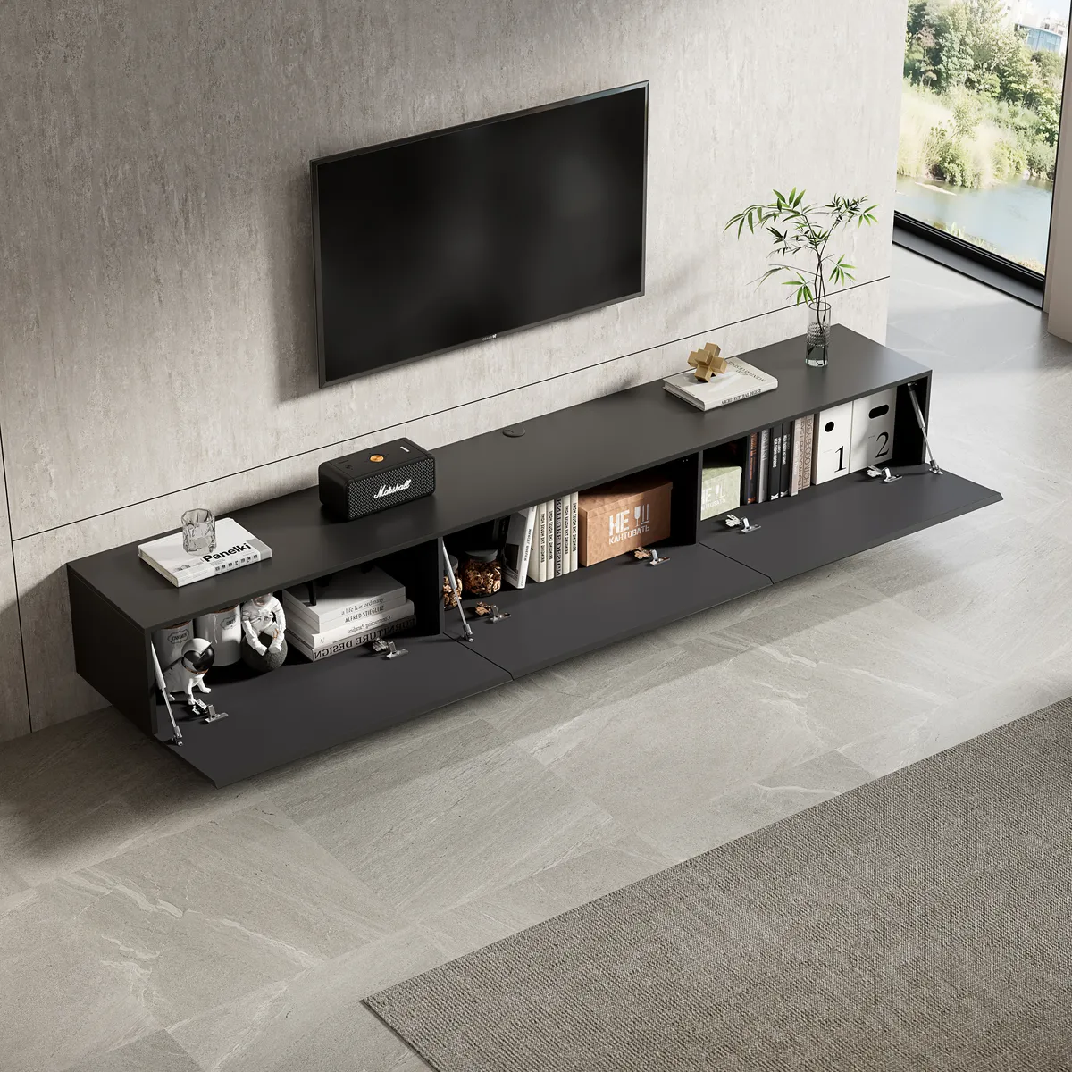 Oslo Black Floating TV Console Industrial Wall Mounted Entertainment Unit - gallery view 2