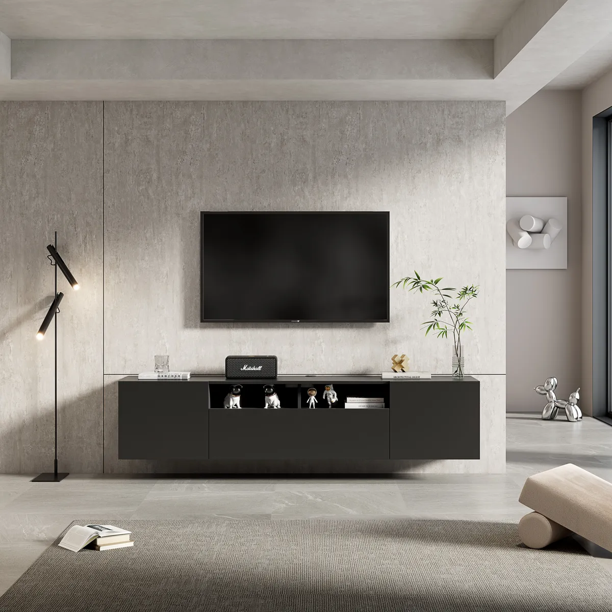 Riva Modern Floating Matt Black TV Cabinet with Open & Closed Storage