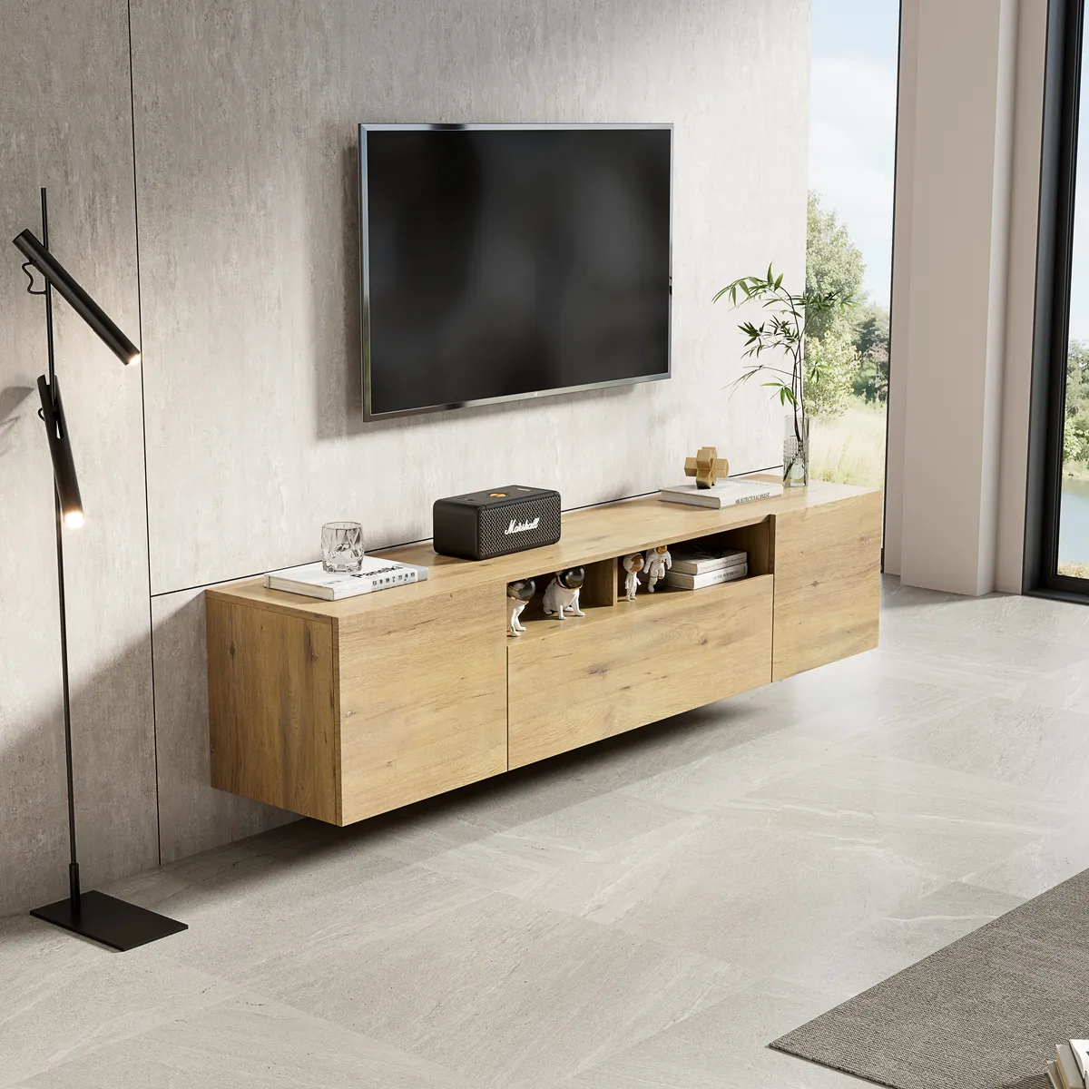 Riva Contemporary Floating Wood-Grain TV Cabinet with Open & Closed Storage - gallery view 1