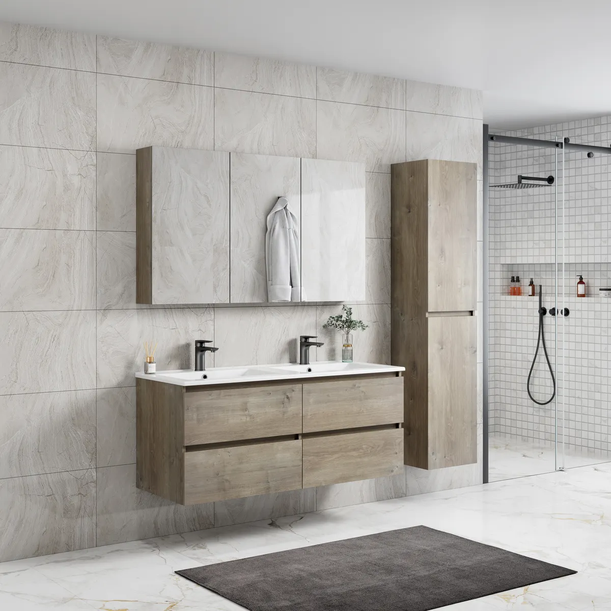 Roma Modern Wall Mounted Bathroom Vanity Cabinet with Double Basin