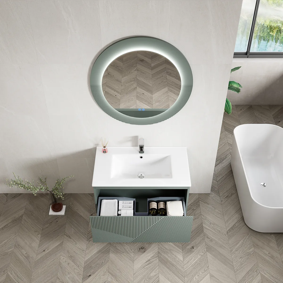 Verda Geometric Fluted Wall-Mounted Bathroom Vanity in Sage Green with Integrated Basin - gallery view 1