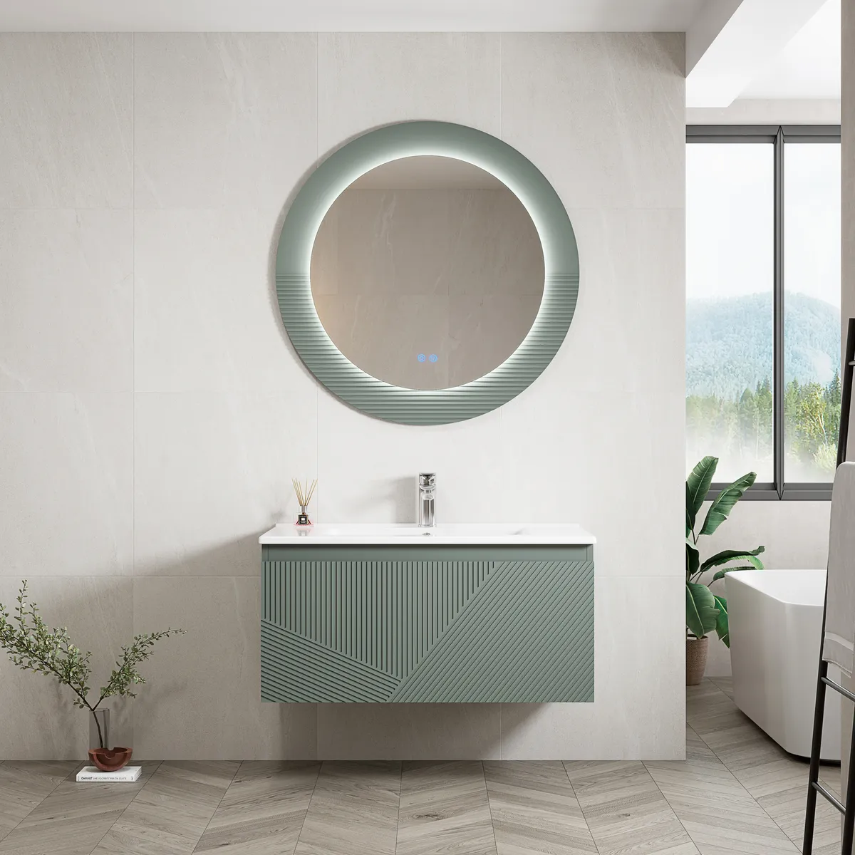 Verda Geometric Fluted Wall-Mounted Bathroom Vanity in Sage Green with Integrated Basin