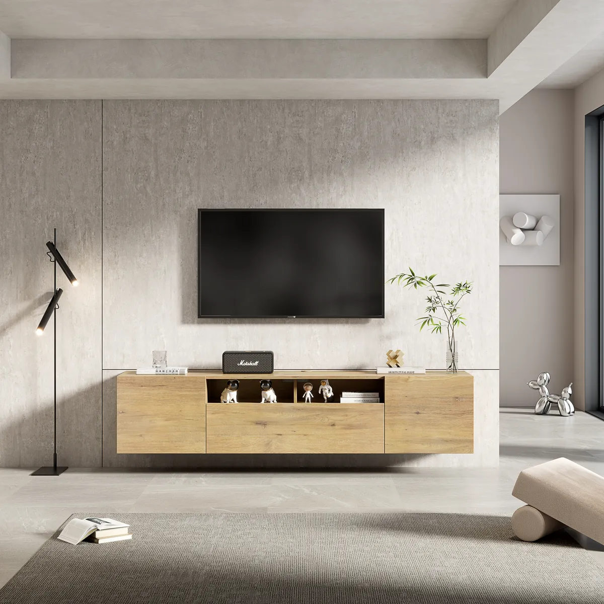 Riva Contemporary Floating Wood-Grain TV Cabinet with Open & Closed Storage