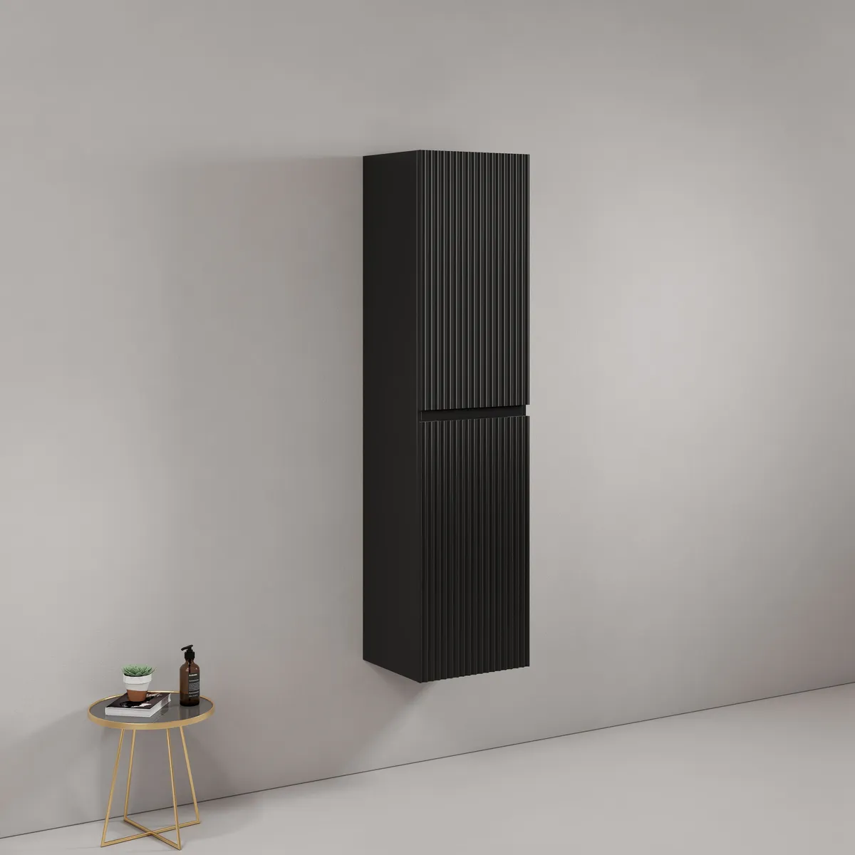 Linea Fluted Wall-Mounted Side Cabinet - Matte Black Linen Tower