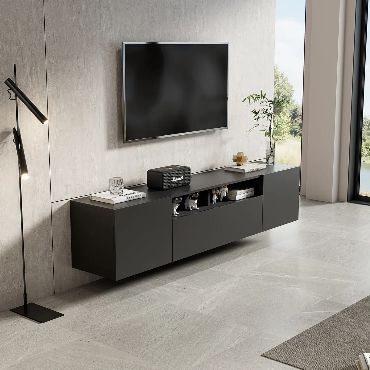 Riva Modern Floating Matt Black TV Cabinet with Open & Closed Storage - gallery view 1