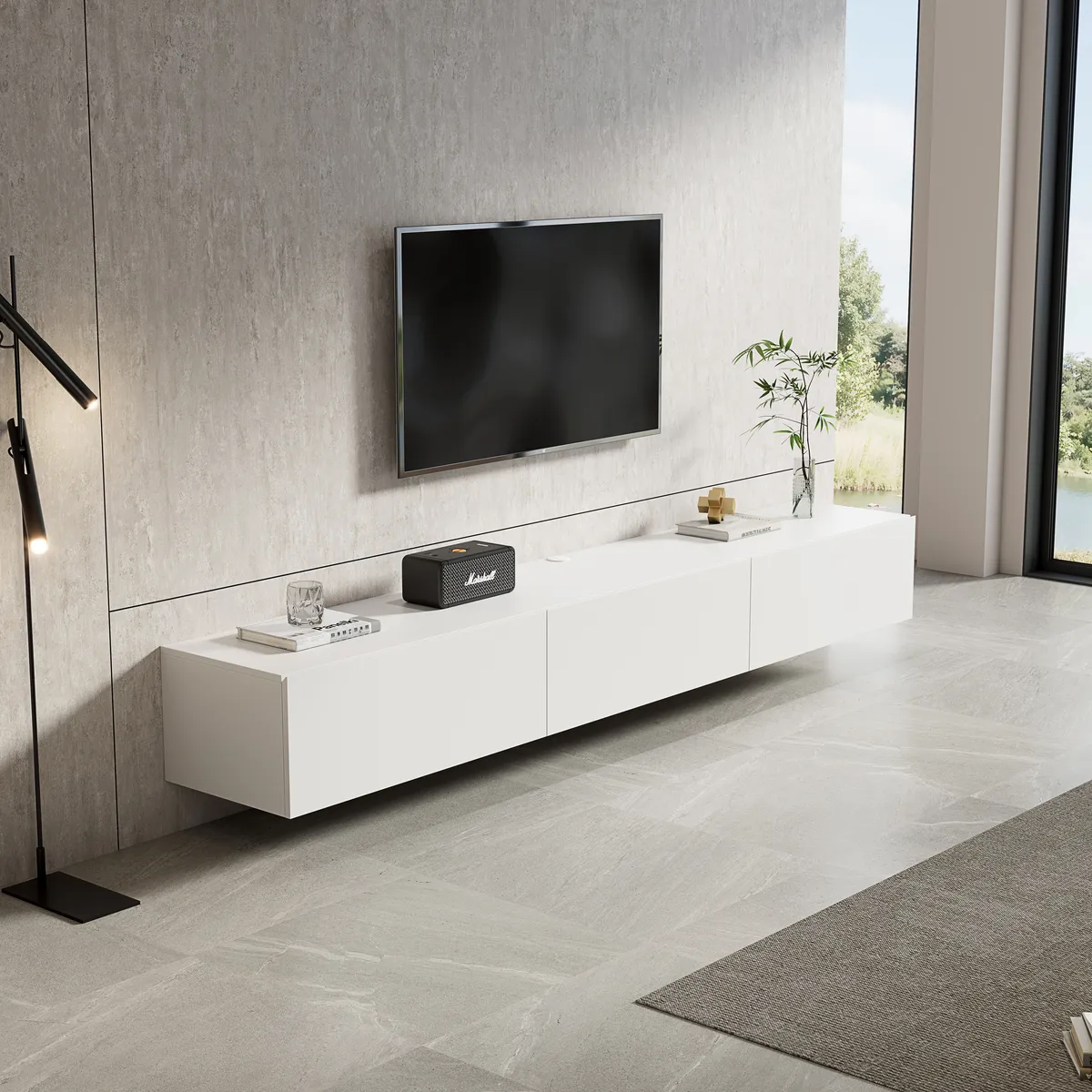 Oslo Minimalist Floating TV Cabinet with Flap Doors-White Paint - gallery view 1