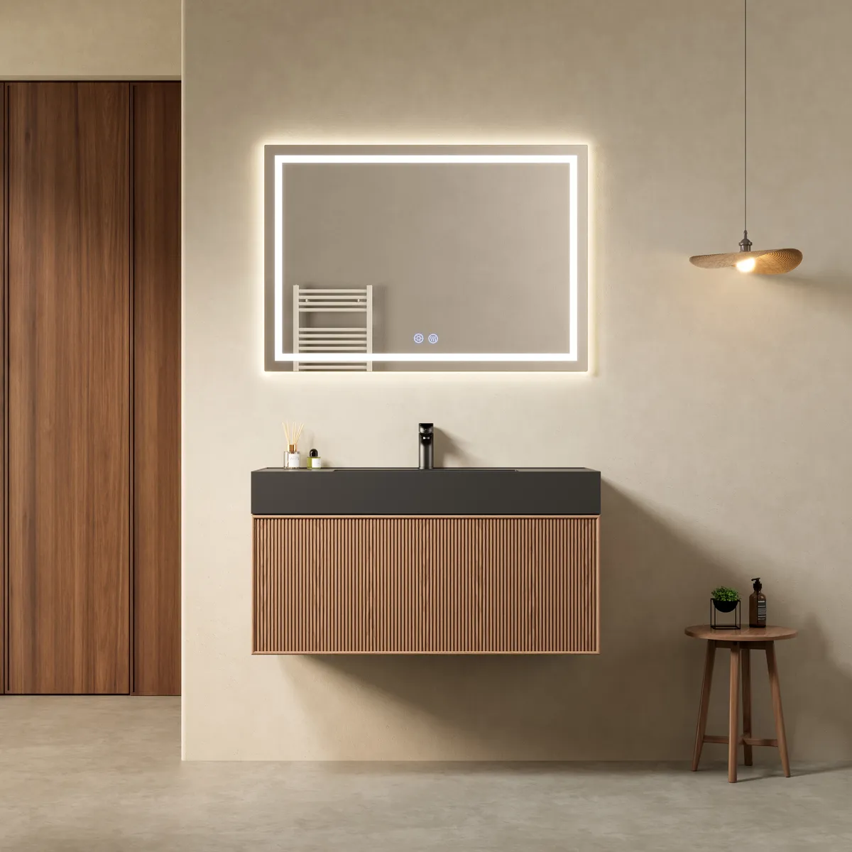 Vilan Vertical Fluted Floating Vanity with Matte Black Basin - Warm Walnut