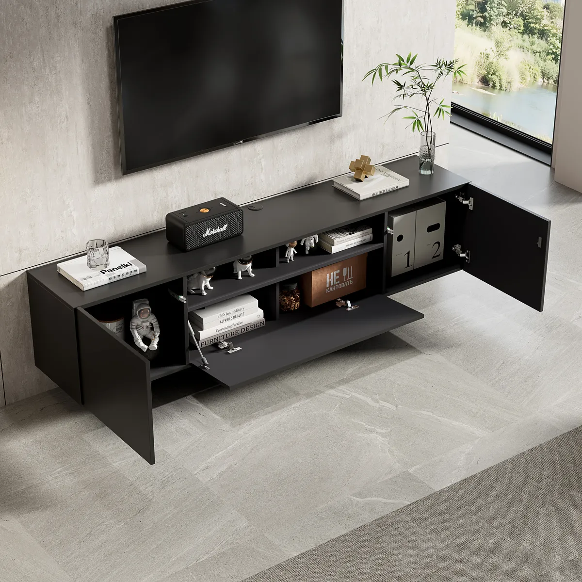 Riva Modern Floating Matt Black TV Cabinet with Open & Closed Storage - gallery view 2