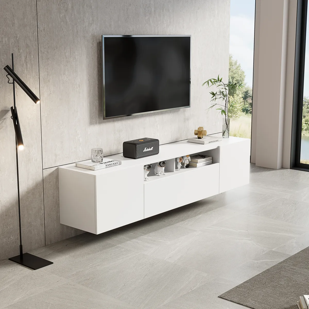 Riva Contemporary Floating Matt White TV Cabinet with Open & Closed Storage - gallery view 1