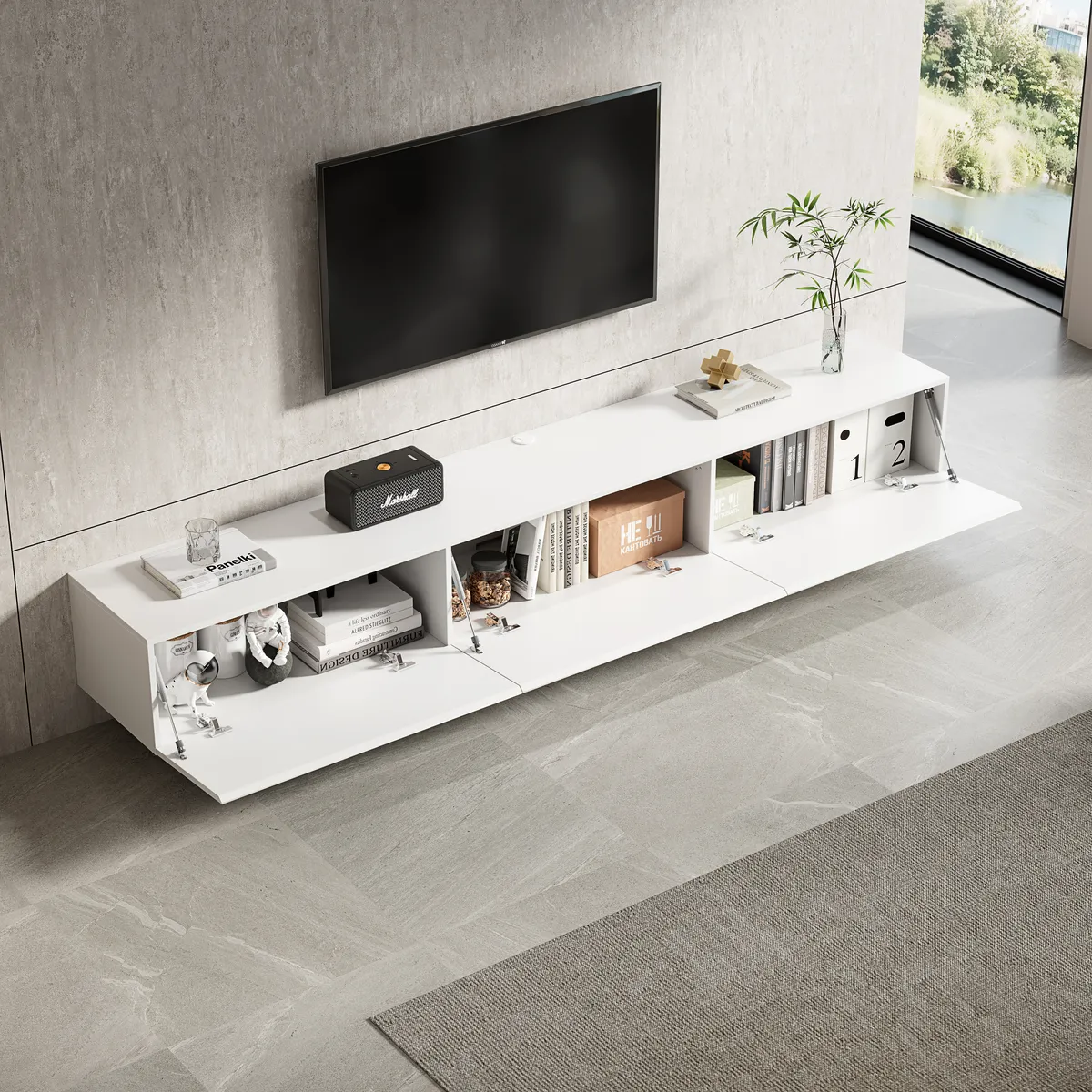 Oslo Minimalist Floating TV Cabinet with Flap Doors-White Paint - gallery view 2